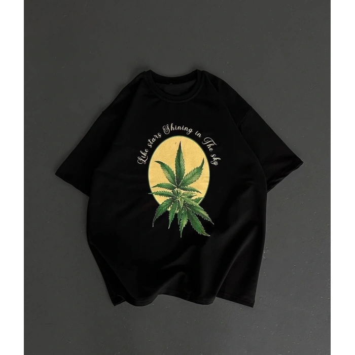 Ön ve Arka Baskılı Oversize Bisiklet Yaka T-shirt- Siyah