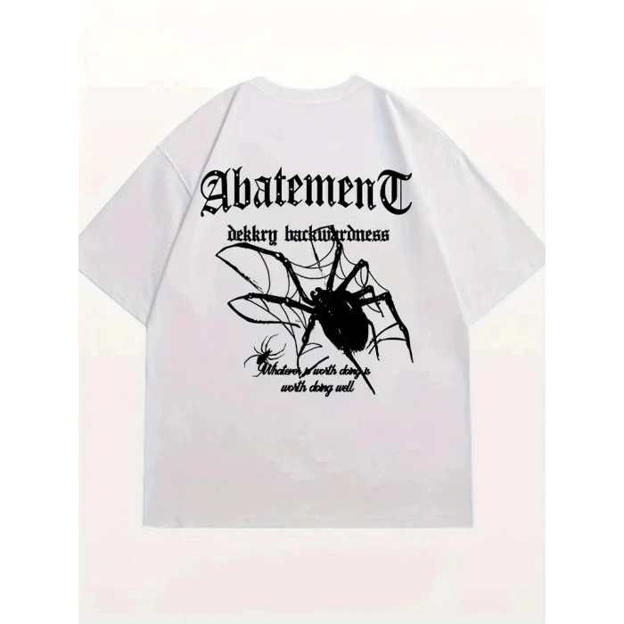 Örümcek Ağı Desenli Baskılı Oversize Bisiklet Yaka T-shirt  - Beyaz