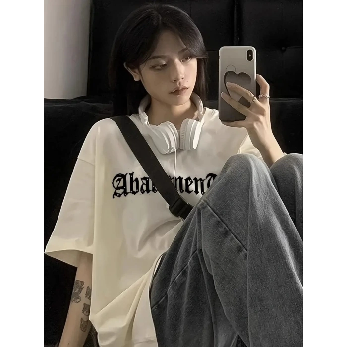 Örümcek Ağı Desenli Baskılı Oversize Bisiklet Yaka T-shirt  - Beyaz