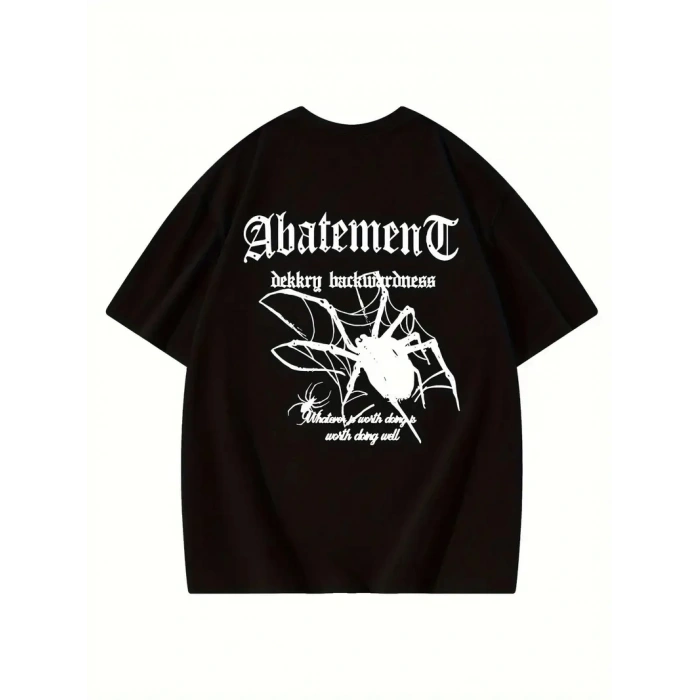 Örümcek Ağı Desenli Baskılı Oversize Bisiklet Yaka T-shirt - Siyah