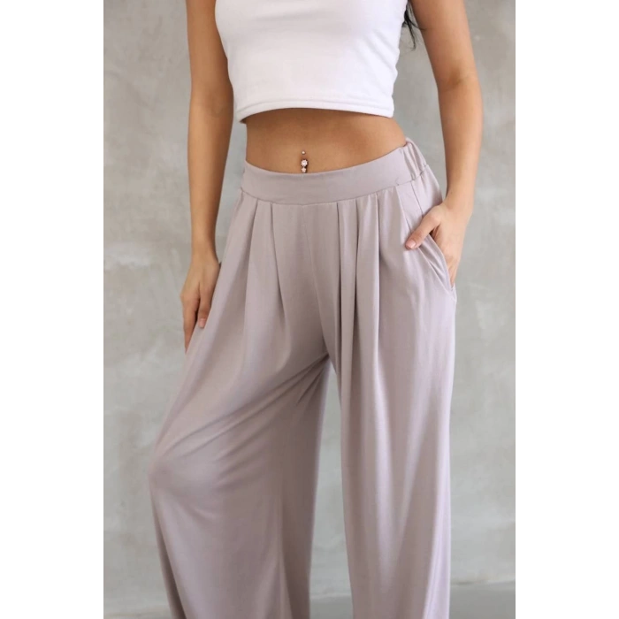 Osy Modal Yumuşak Dokulu Kadın Kumaş Boru Paça Salaş Eşofman - Bej