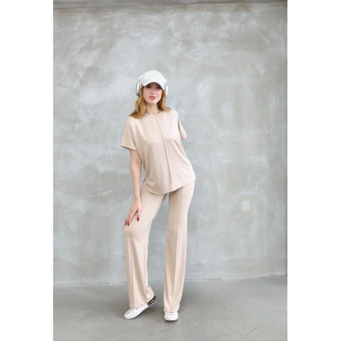 Osy Modal Yumuşak dokulu Kumaş Bisiklet Yaka Kısa Kollu Takım - Bej