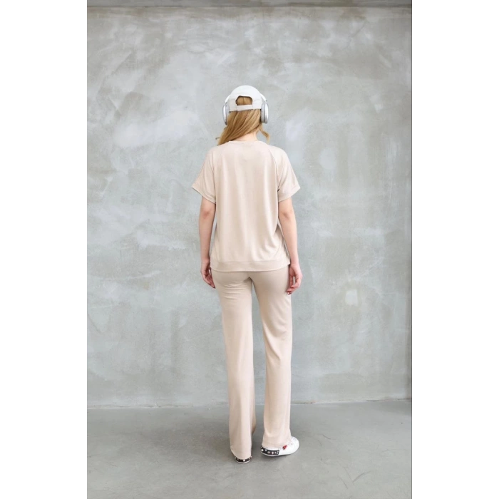 Osy Modal Yumuşak dokulu Kumaş Bisiklet Yaka Kısa Kollu Takım - Bej