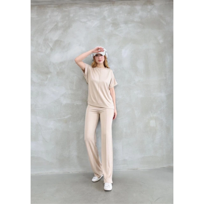 Osy Modal Yumuşak dokulu Kumaş Bisiklet Yaka Kısa Kollu Takım - Bej