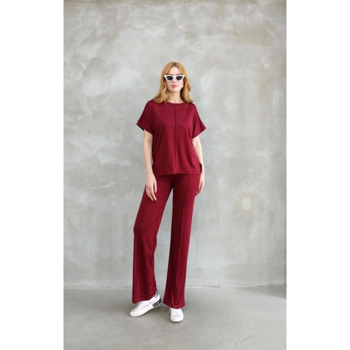 Osy Modal Yumuşak dokulu Kumaş Bisiklet Yaka Kısa Kollu Takım - Bordo