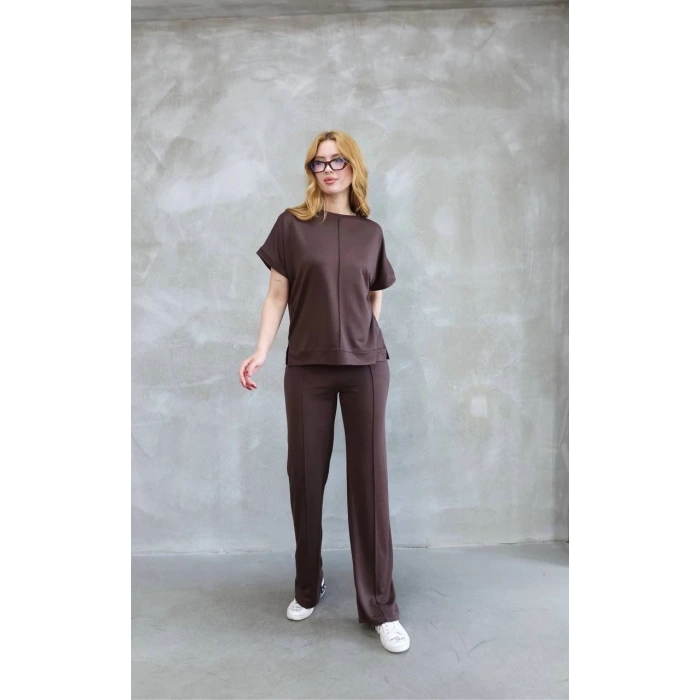 Osy Modal Yumuşak dokulu Kumaş Bisiklet Yaka Kısa Kollu Takım - Kahverengi