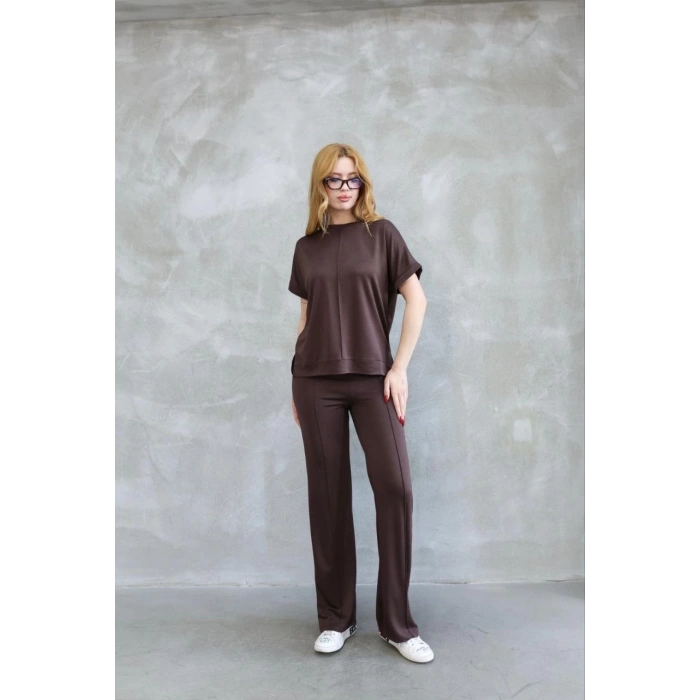 Osy Modal Yumuşak dokulu Kumaş Bisiklet Yaka Kısa Kollu Takım - Kahverengi