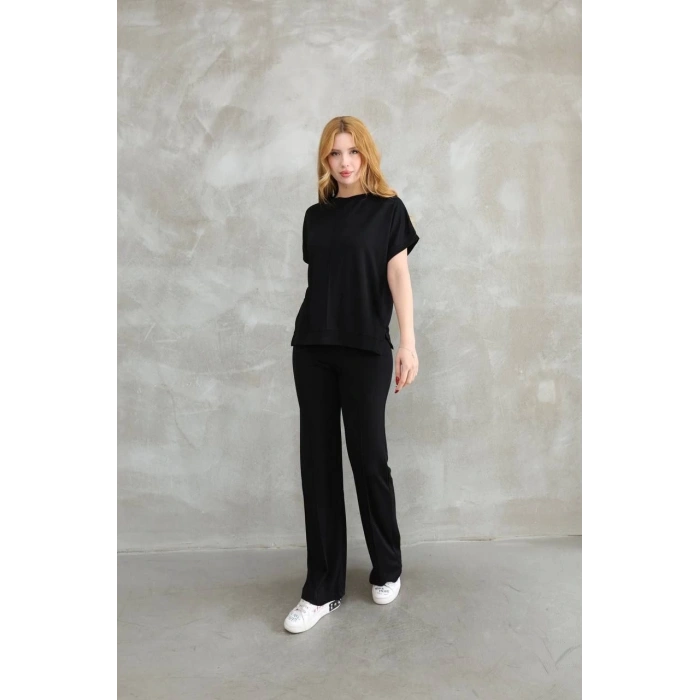 Osy Modal Yumuşak dokulu Kumaş Bisiklet Yaka Kısa Kollu Takım - Siyah