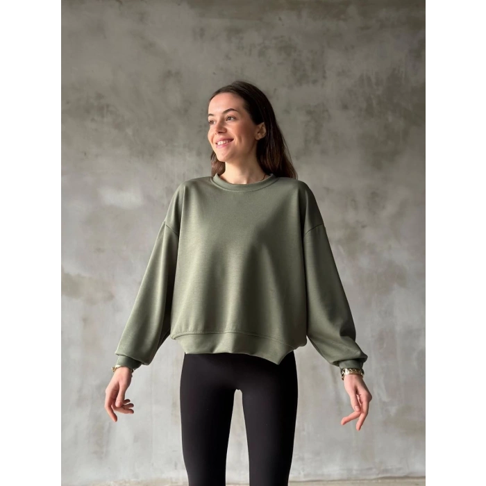 Osy Modal Yumuşak dokulu Kumaş Bisiklet Yaka Oversize Sweatshirt - Haki