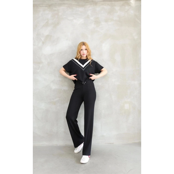 Osy Modal Yumuşak dokulu Kumaş Bisiklet Yaka Parçalı detaylı Kısa Kollu Takım - Siyah