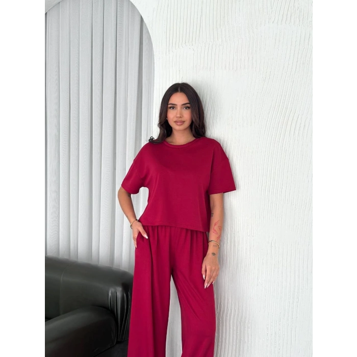 Osy Modal Yumuşak Dokulu Kumaş Bisiklet Yaka T-shirt Bol paça Pantalon ikili Takım -Bordo