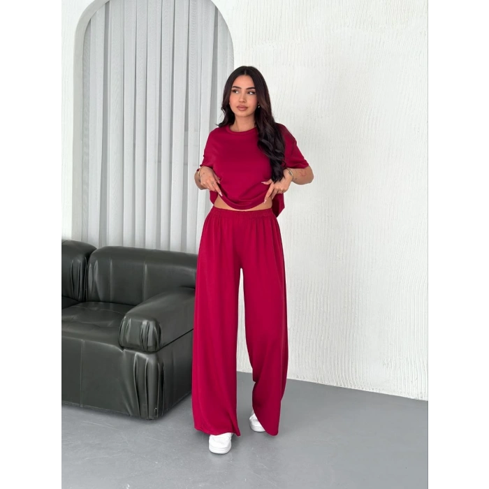 Osy Modal Yumuşak Dokulu Kumaş Bisiklet Yaka T-shirt Bol paça Pantalon ikili Takım -Bordo
