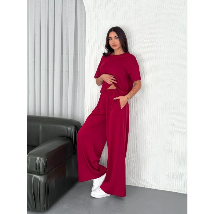 Osy Modal Yumuşak Dokulu Kumaş Bisiklet Yaka T-shirt Bol paça Pantalon ikili Takım -Bordo