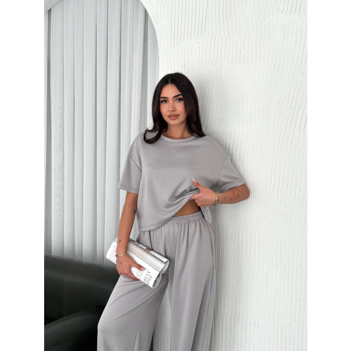 Osy Modal Yumuşak Dokulu Kumaş Bisiklet Yaka T-shirt Bol paça Pantalon ikili Takım - Boyalı Gri
