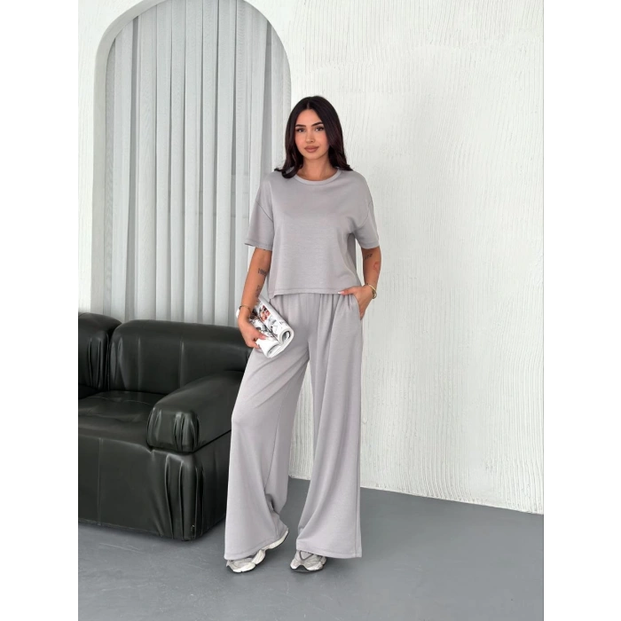 Osy Modal Yumuşak Dokulu Kumaş Bisiklet Yaka T-shirt Bol paça Pantalon ikili Takım - Boyalı Gri