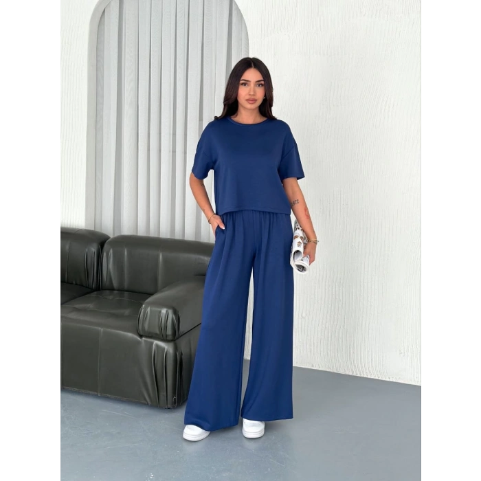 Osy Modal Yumuşak Dokulu Kumaş Bisiklet Yaka T-shirt Bol paça Pantalon ikili Takım -Saks Mavi
