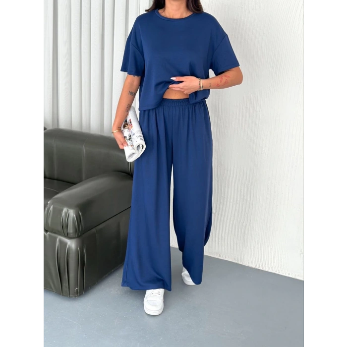 Osy Modal Yumuşak Dokulu Kumaş Bisiklet Yaka T-shirt Bol paça Pantalon ikili Takım -Saks Mavi