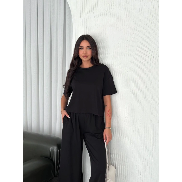 Osy Modal Yumuşak Dokulu Kumaş Bisiklet Yaka T-shirt Bol paça Pantalon ikili Takım -Siyah
