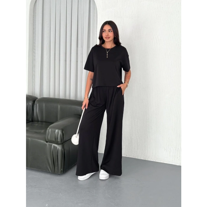 Osy Modal Yumuşak Dokulu Kumaş Bisiklet Yaka T-shirt Bol paça Pantalon ikili Takım -Siyah