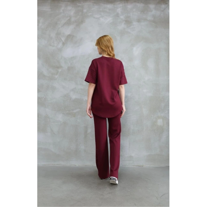 Osy Modal Yumuşak dokulu Kumaş Bisiklet Yaka Taş detaylı Kısa Kollu Takım - Bordo