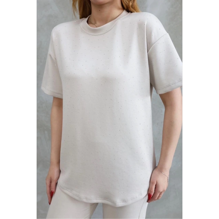 Osy Modal Yumuşak dokulu Kumaş Bisiklet Yaka Taş detaylı Kısa Kollu Takım - Kırık Beyaz