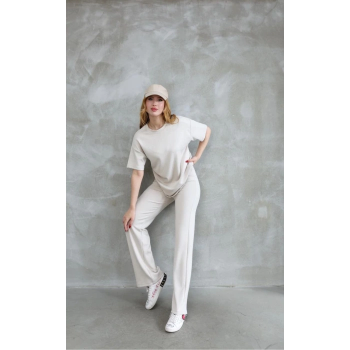 Osy Modal Yumuşak dokulu Kumaş Bisiklet Yaka Taş detaylı Kısa Kollu Takım - Kırık Beyaz