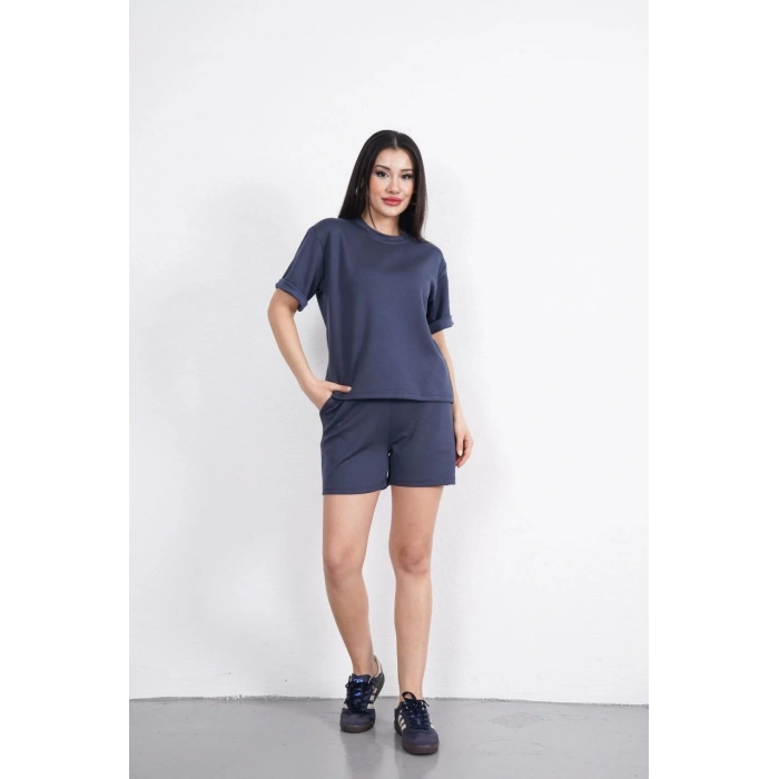 Osy Modal yumuşak dokulu Kumaş Kadın Bisiklet Yaka T-shirt Kısa Şort İkili Takım - Antrasit