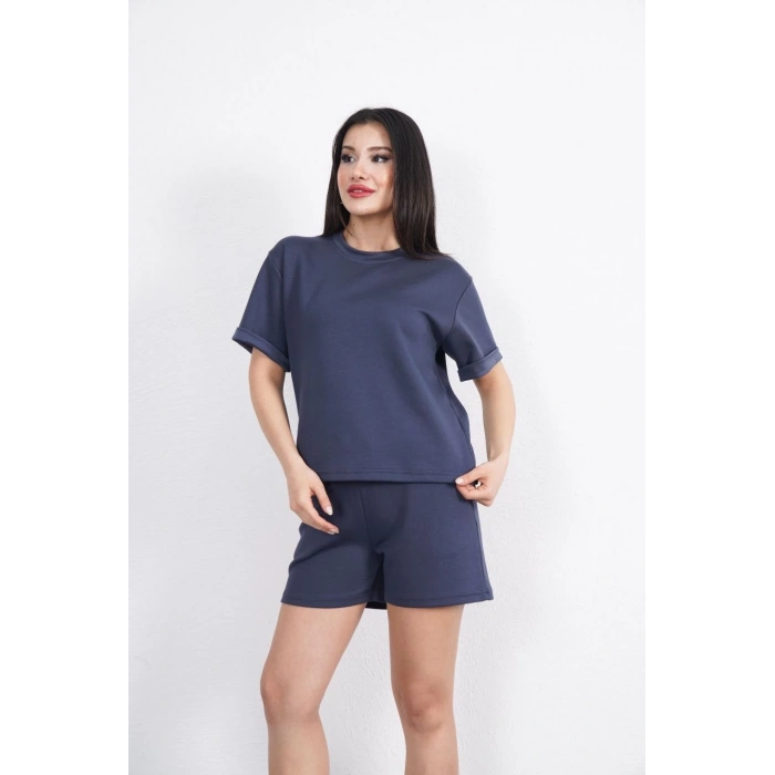 Osy Modal yumuşak dokulu Kumaş Kadın Bisiklet Yaka T-shirt Kısa Şort İkili Takım - Antrasit