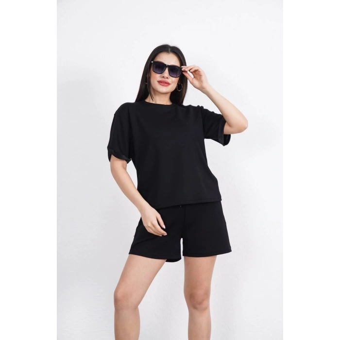 Osy Modal yumuşak dokulu Kumaş Kadın Bisiklet Yaka T-shirt Kısa Şort İkili Takım - Siyah