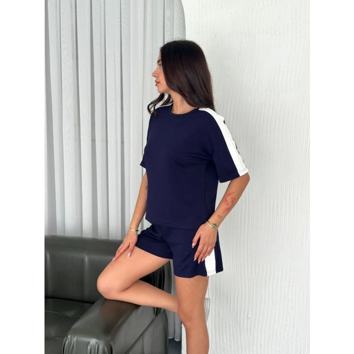 Osy Modal yumuşak dokulu Kumaş Kadın Parçalı Bisiklet Yaka T-shirt Kısa Şort İkili Takım - Mavi