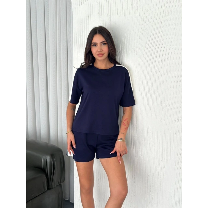 Osy Modal yumuşak dokulu Kumaş Kadın Parçalı Bisiklet Yaka T-shirt Kısa Şort İkili Takım - Mavi