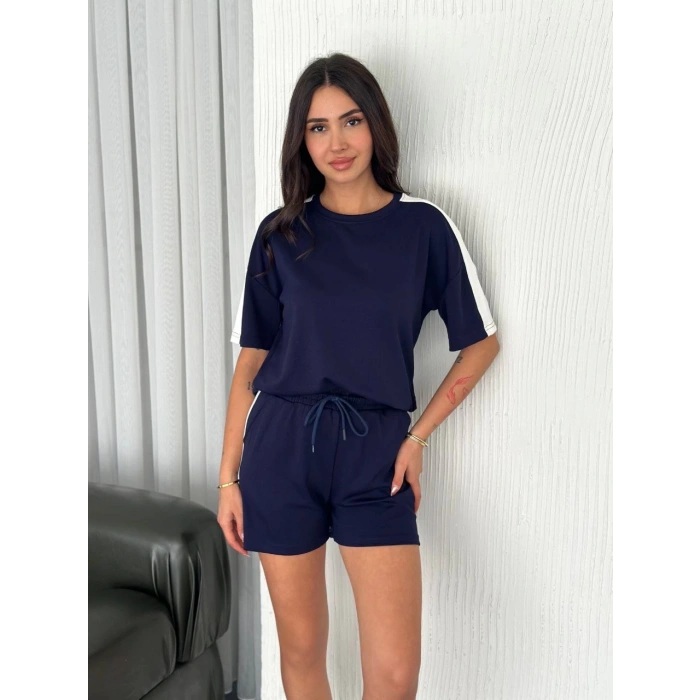 Osy Modal yumuşak dokulu Kumaş Kadın Parçalı Bisiklet Yaka T-shirt Kısa Şort İkili Takım - Mavi