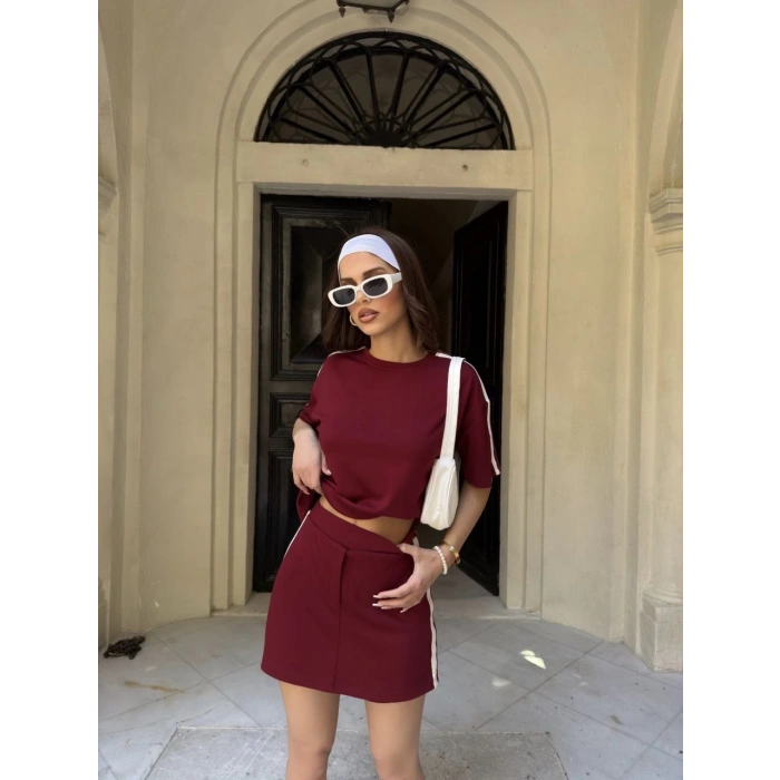 Osy Modal yumuşak dokulu Kumaş Kadın Parçalı Bisiklet Yaka T-shirt Mini Şortlu Etek İkili Takım -Bordo