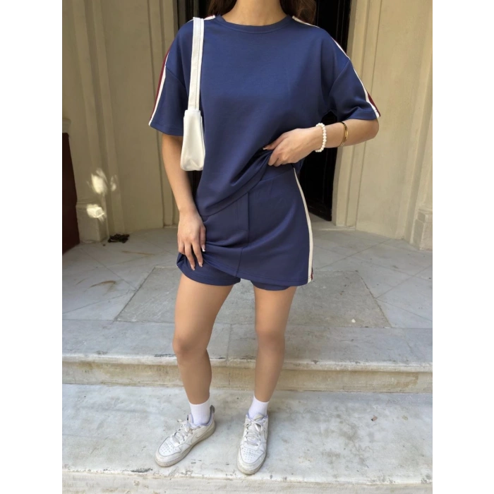 Osy Modal yumuşak dokulu Kumaş Kadın Parçalı Bisiklet Yaka T-shirt Mini Şortlu Etek İkili Takım -Lacivert