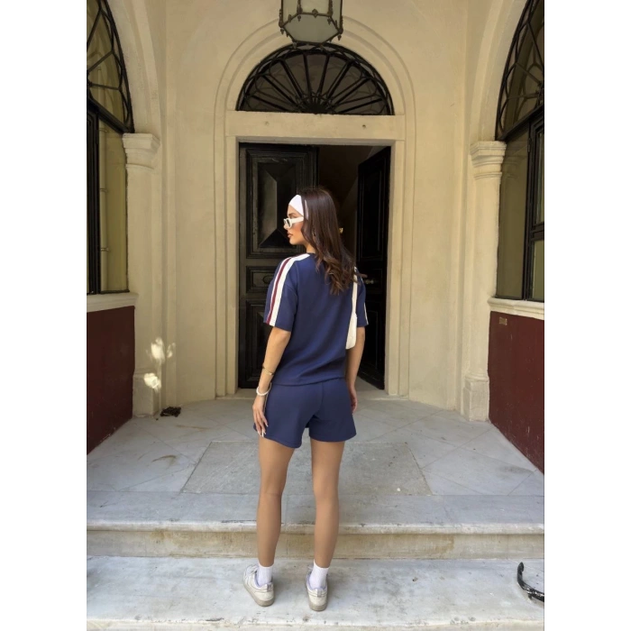 Osy Modal yumuşak dokulu Kumaş Kadın Parçalı Bisiklet Yaka T-shirt Mini Şortlu Etek İkili Takım -Lacivert