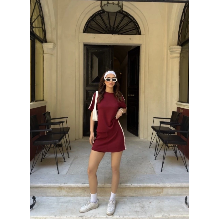 Osy Modal yumuşak dokulu Kumaş Kadın Parçalı Bisiklet Yaka T-shirt Mini Şortlu Etek İkili Takım -Bordo