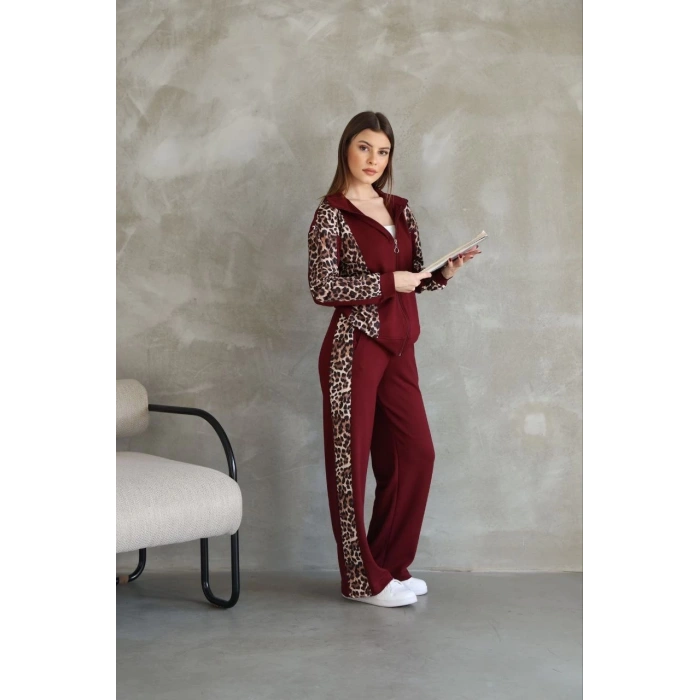 Osy Modal Yumuşak Dokulu Kumaş Kapüşonlu Leopar Desenli Fermuarlı Takım - Bordo