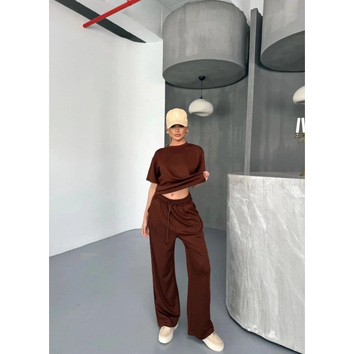 Osy Modal Yumuşak Dokulu Kumaş Kısa Kollu Bluz Rahat Pantalon ikili Takım- Kahverengi
