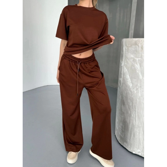 Osy Modal Yumuşak Dokulu Kumaş Kısa Kollu Bluz Rahat Pantalon ikili Takım- Kahverengi