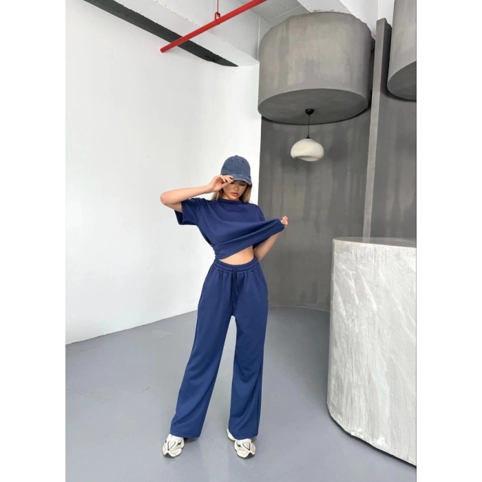Osy Modal Yumuşak Dokulu Kumaş Kısa Kollu Bluz Rahat Pantalon ikili Takım- Lacivert