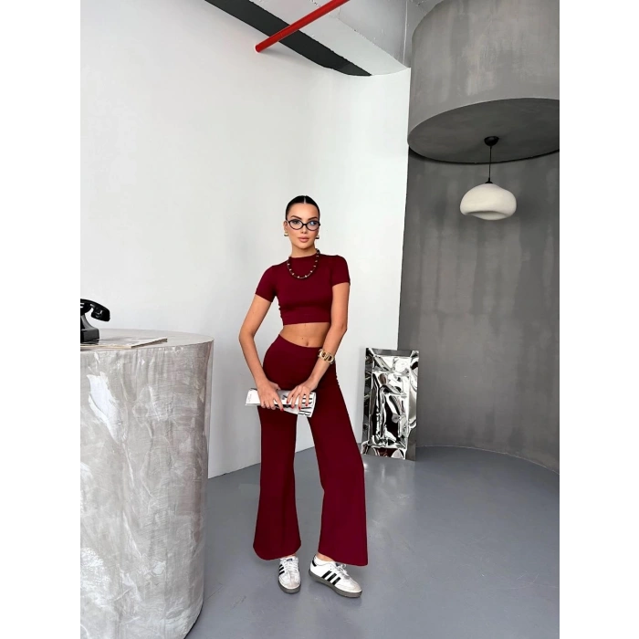 Osy Modal Yumuşak Dokulu Kumaş Kısa Kollu Crop Alt ispanyol Paça Pantalon ikili Takım - Bordo