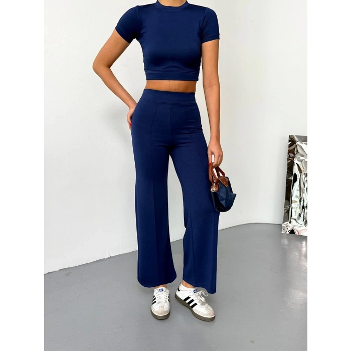 Osy Modal Yumuşak Dokulu Kumaş Kısa Kollu Crop Alt ispanyol Paça Pantalon ikili Takım - Lacivert