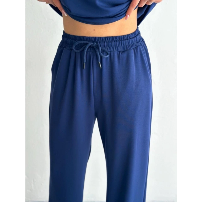 Osy Modal Yumuşak Dokulu Kumaş Kısa Kollu Yakalı T-shirt Pantalon ikili Takım- Lacivert