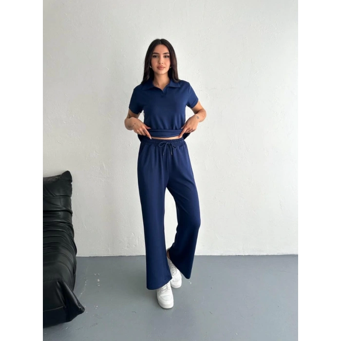 Osy Modal Yumuşak Dokulu Kumaş Kısa Kollu Yakalı T-shirt Pantalon ikili Takım- Lacivert