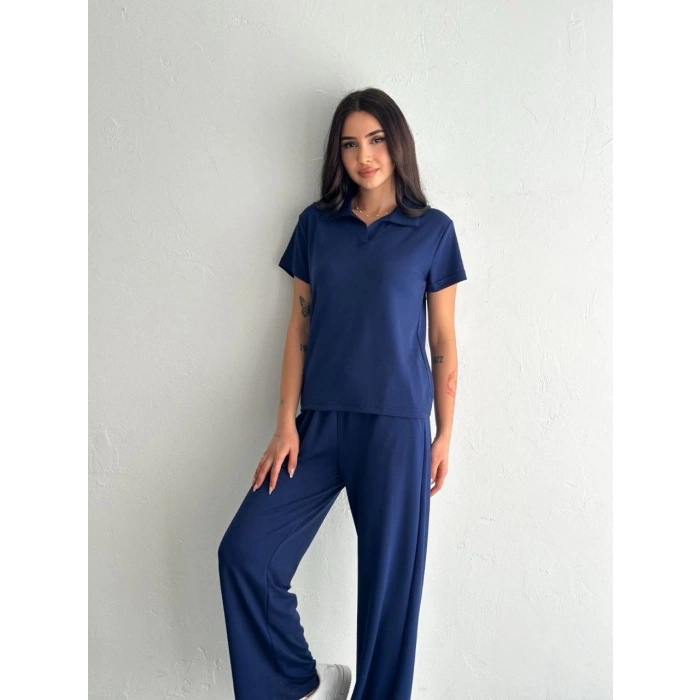 Osy Modal Yumuşak Dokulu Kumaş Kısa Kollu Yakalı T-shirt Pantalon ikili Takım- Lacivert