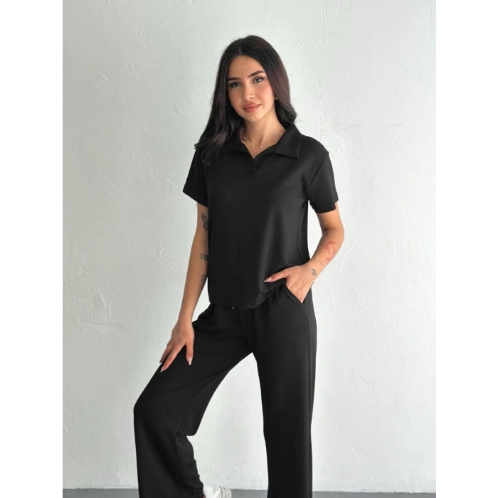 Osy Modal Yumuşak Dokulu Kumaş Kısa Kollu Yakalı T-shirt Pantalon ikili Takım- Siyah