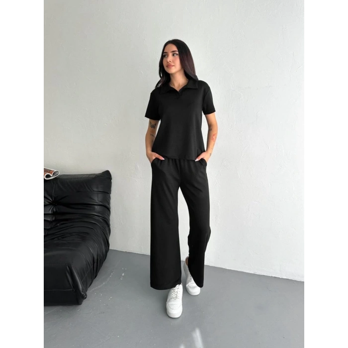 Osy Modal Yumuşak Dokulu Kumaş Kısa Kollu Yakalı T-shirt Pantalon ikili Takım- Siyah