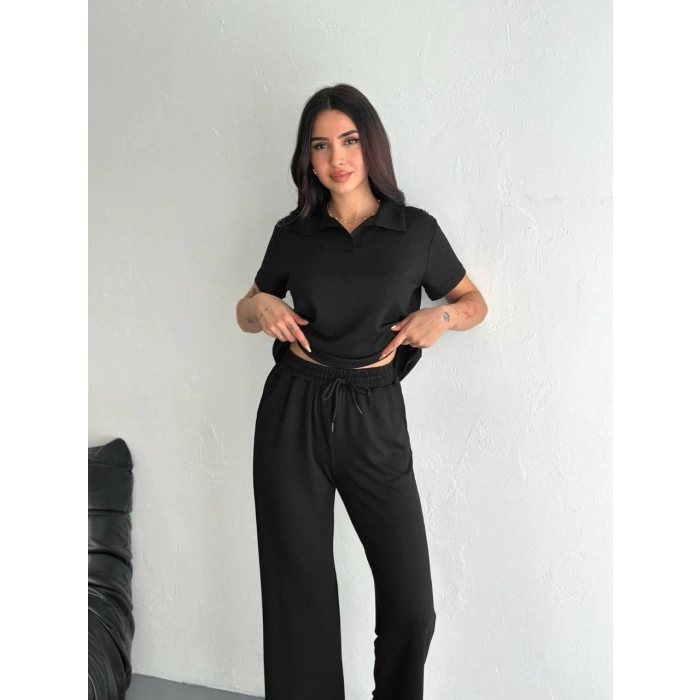 Osy Modal Yumuşak Dokulu Kumaş Kısa Kollu Yakalı T-shirt Pantalon ikili Takım- Siyah