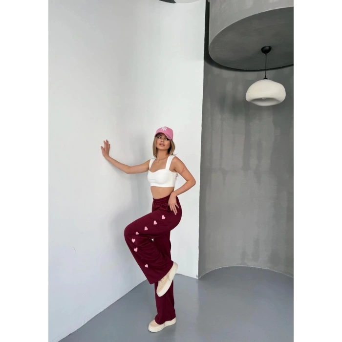 Osy Modal Yumuşak Dokulu Kumaş Nakış işlemeli Rahat Bol Paça Eşofman Pantalon - Bordo