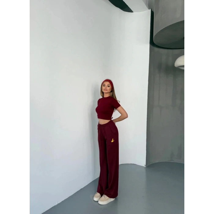 Osy Modal Yumuşak Dokulu Kumaş Nakış işlemeli Rahat Bol Paça Eşofman Pantalon - Bordo